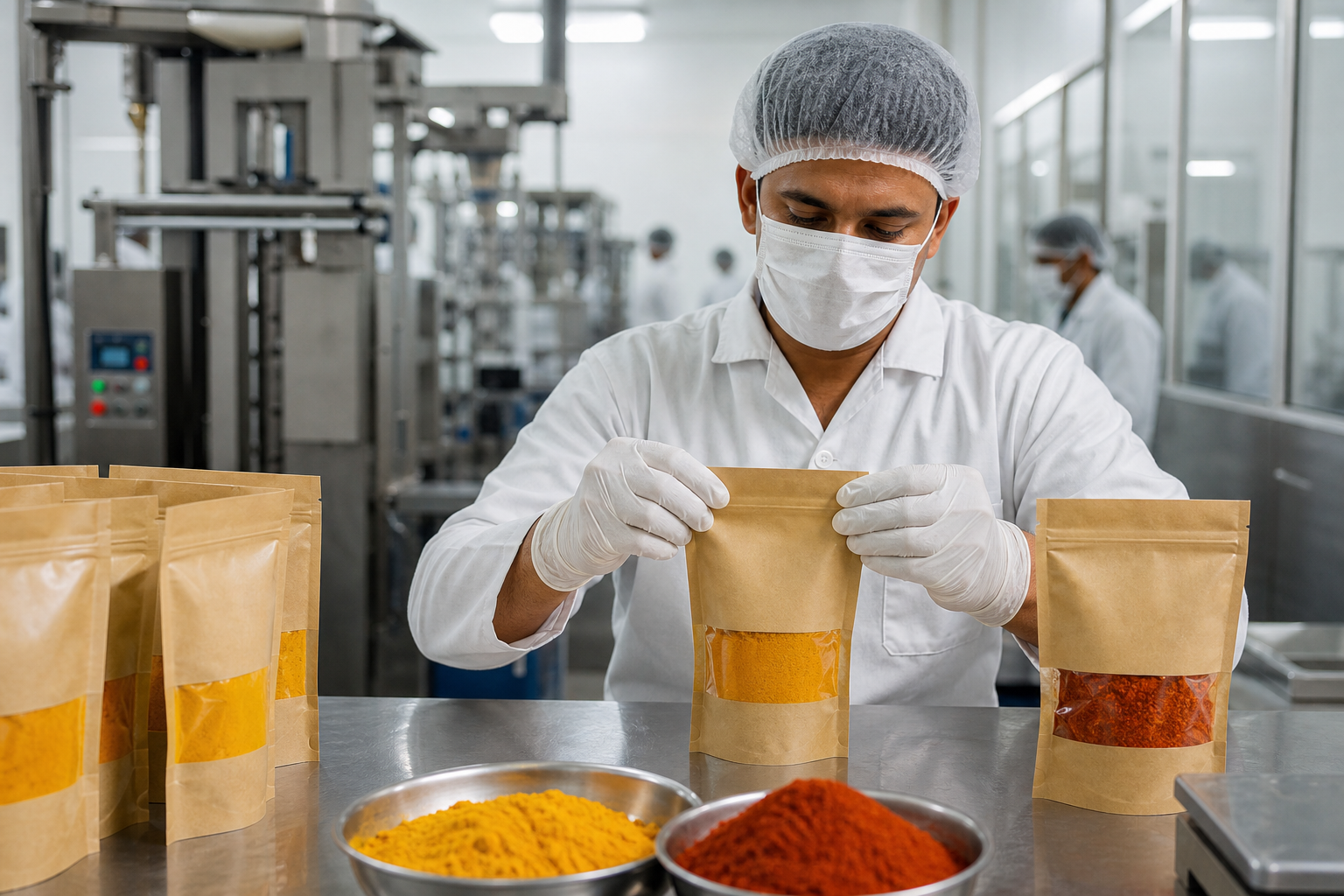 Gloved hands hygienically sealing airtight spice pouches in a clean facility
