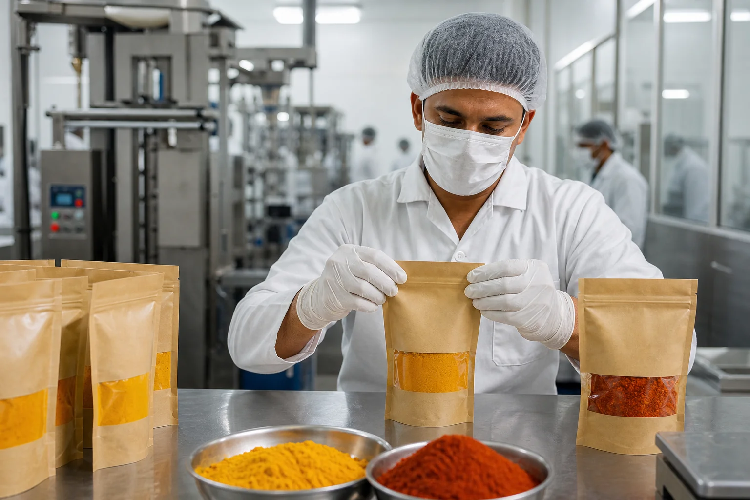 Spices being hygienically sealed in airtight food-grade pouches