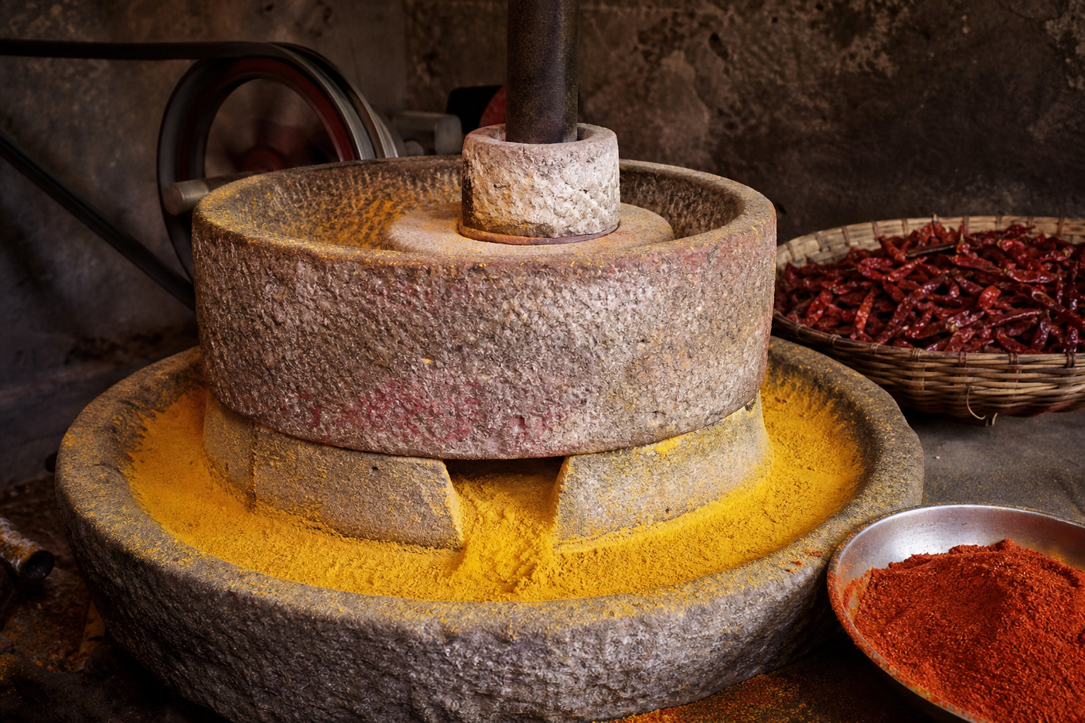 Slow mechanized okhli stone grinding at low temperature