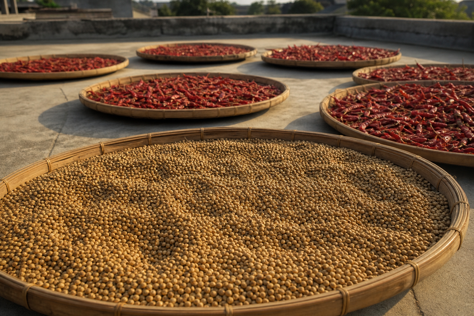 Whole spices sun-dried naturally on bamboo trays